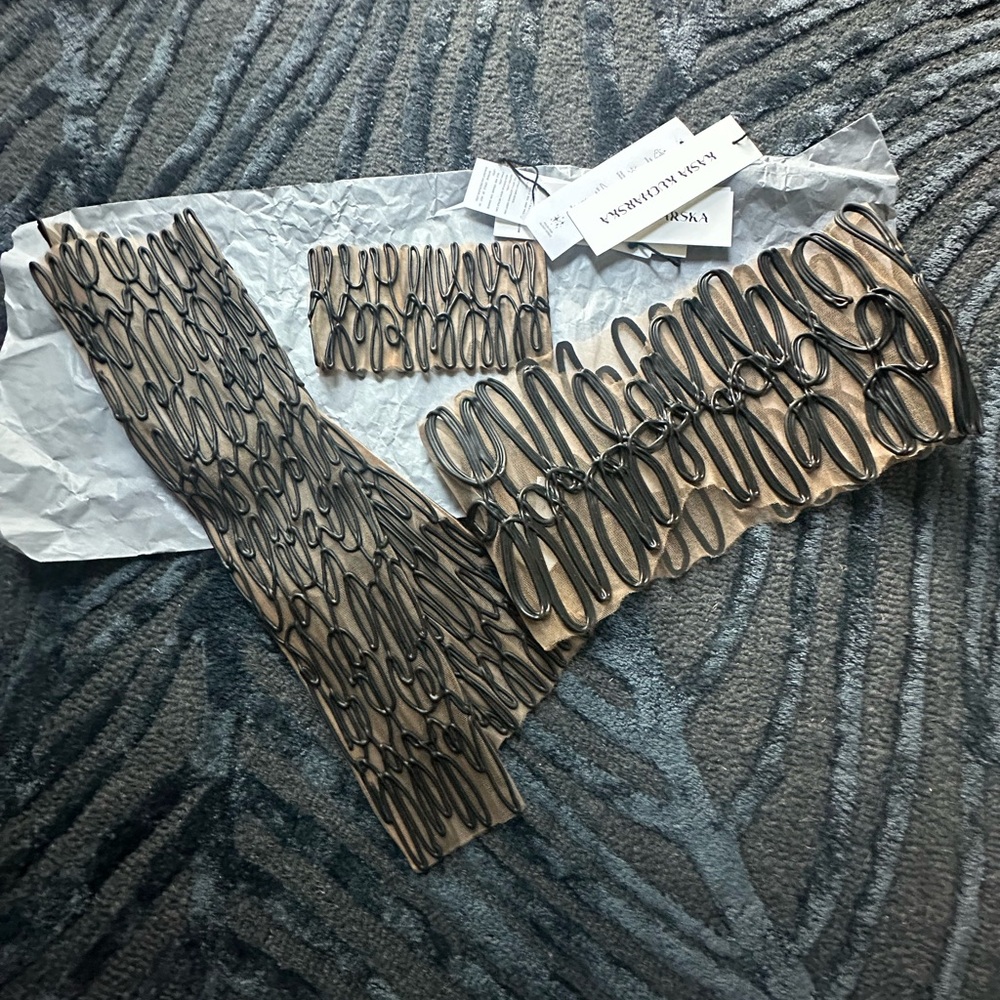 Kasia Kucharska black latex scribble bandeau, arm sleeve and neck cuff.